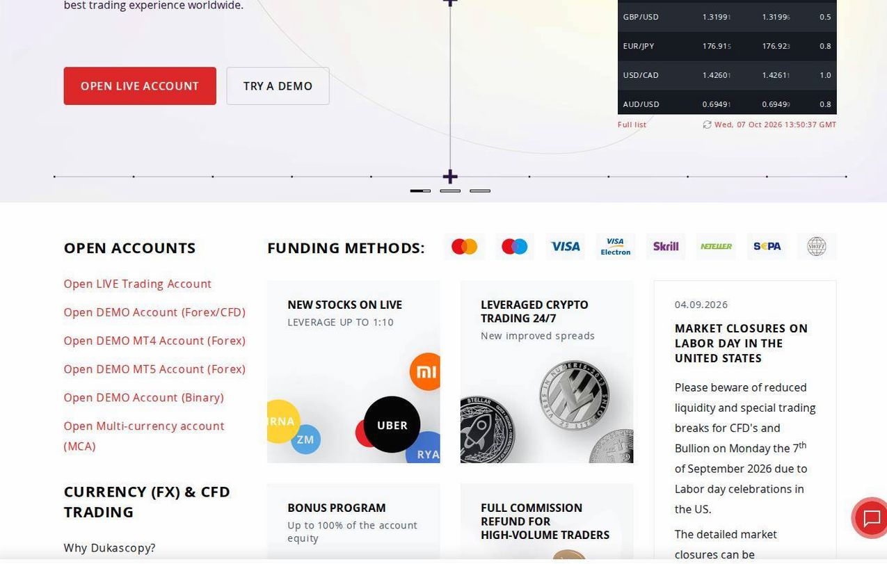 Screenshot of the Dukascopy website