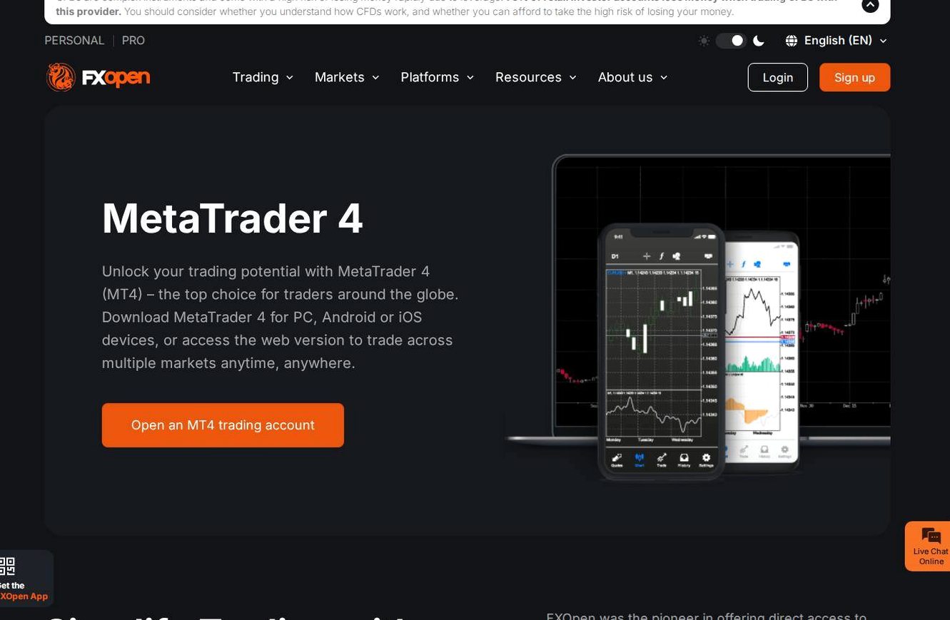 The platform page on the FXOpen website