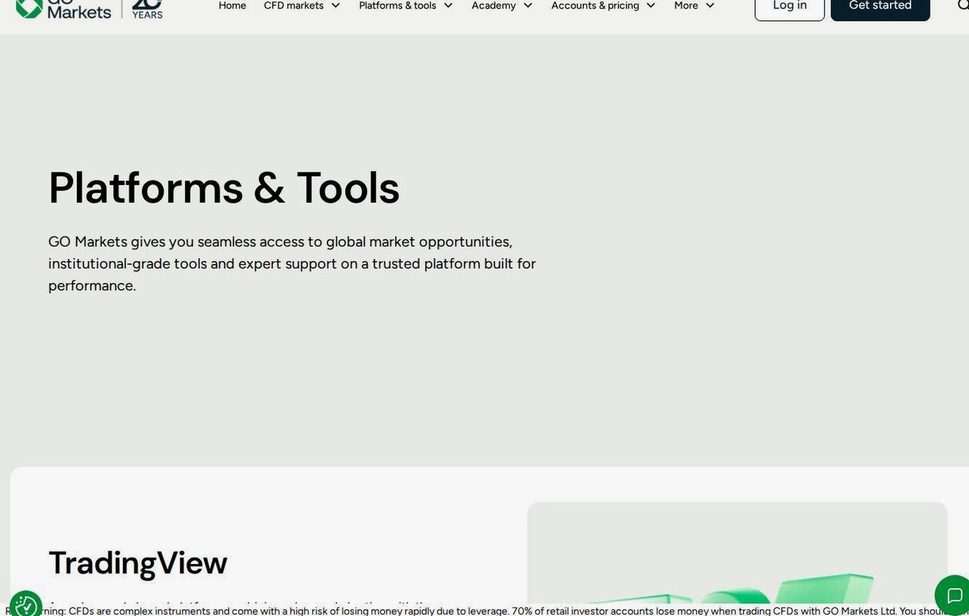 The platform page on the GO Markets website