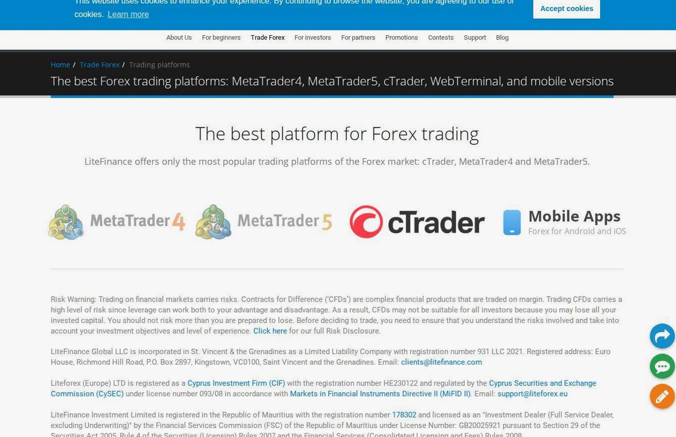 The platform page on the LiteFinance website