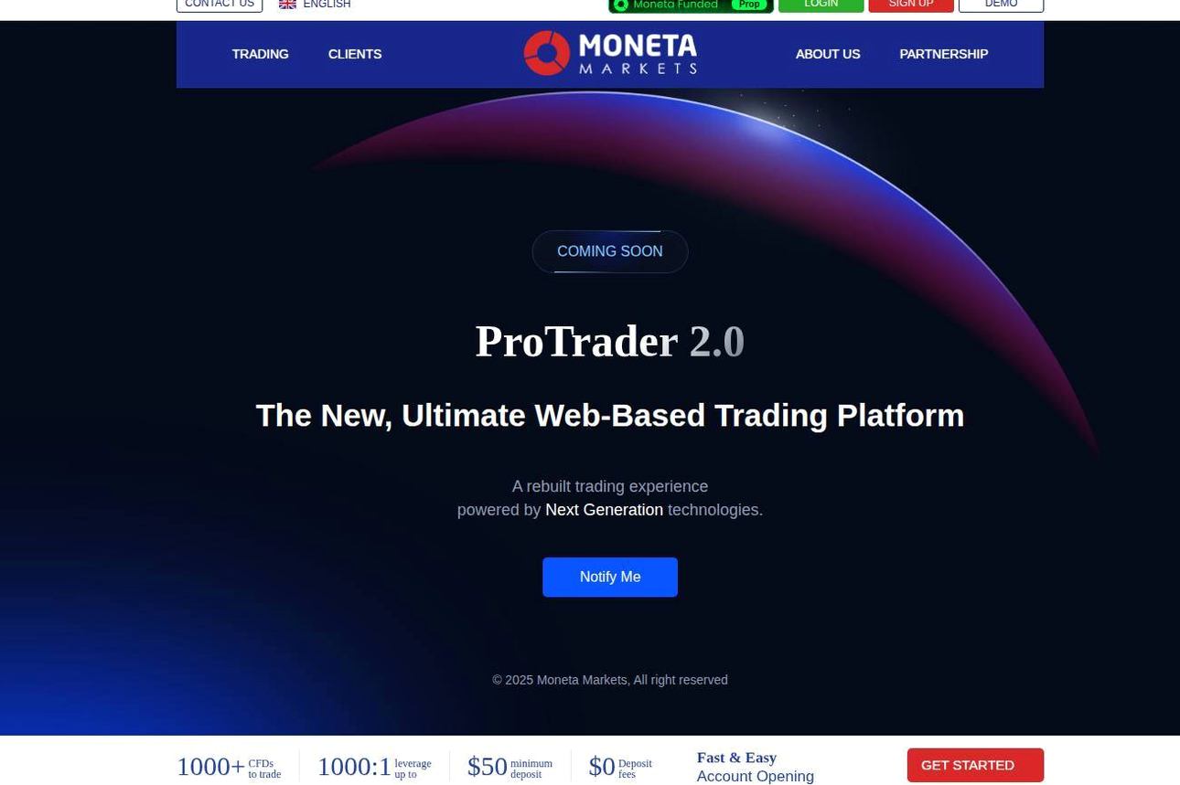 The platform page on the Moneta Markets website