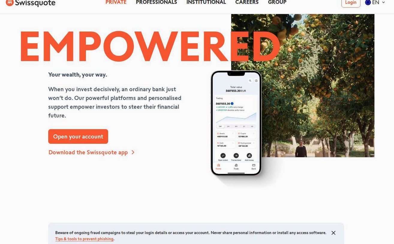 The platform page on the Swissquote website