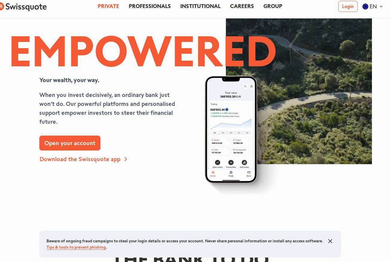 Screenshot of the Swissquote website