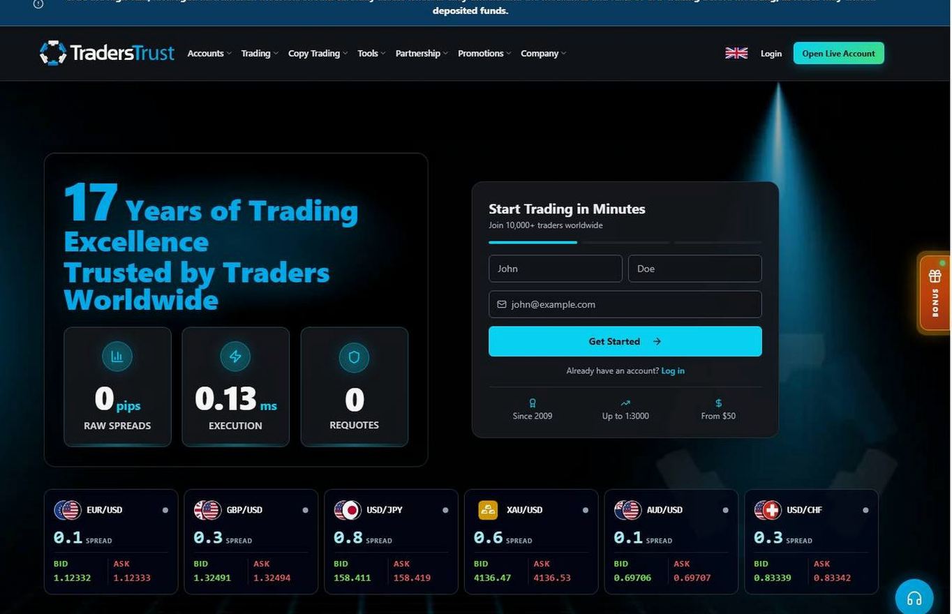 Screenshot of the Traders Trust website
