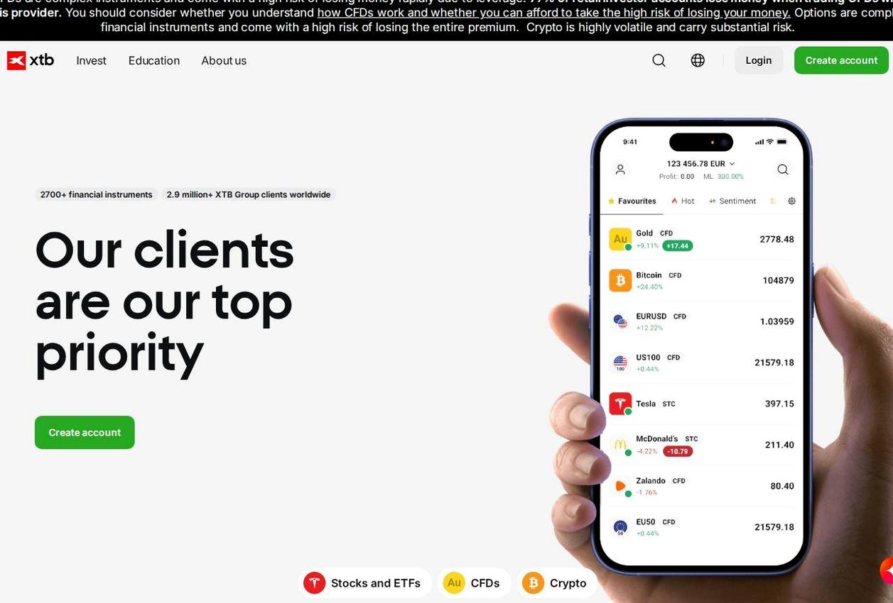Screenshot of the XTB website